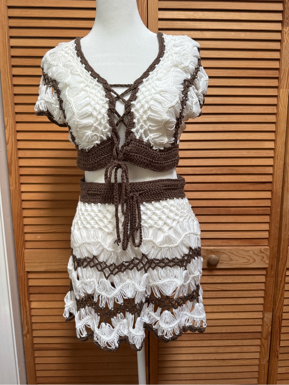 Vintage Style Crochet Set • Boho Festival Fairycore Earthy Brown Ivory Co-ord